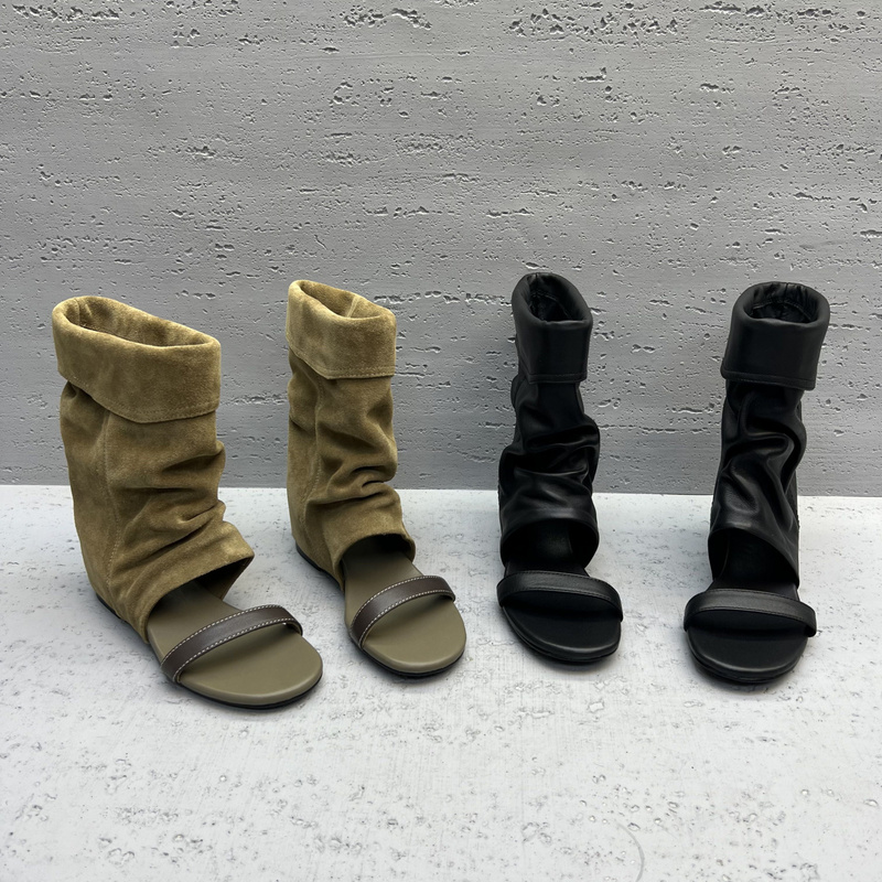 European Genuine Leather Women's Boots 2026 Spring New European Style Wedge Open-Toe Slip-On Mid-Calf Boots Trendy Sandals