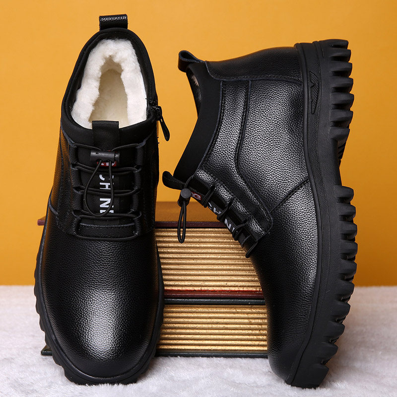 Men's Winter Middle Drum Leather Shoes Men Genuine Leather Casual Cotton Shoes Glint Warm High Drum Shoes Thick Bottom Casual Short Boots Man