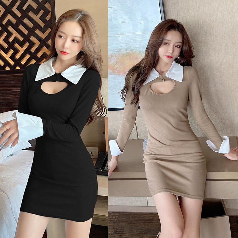 Real shooting spring and autumn temperament long sleeve slim shirt collar stitching hollow out skirt dress