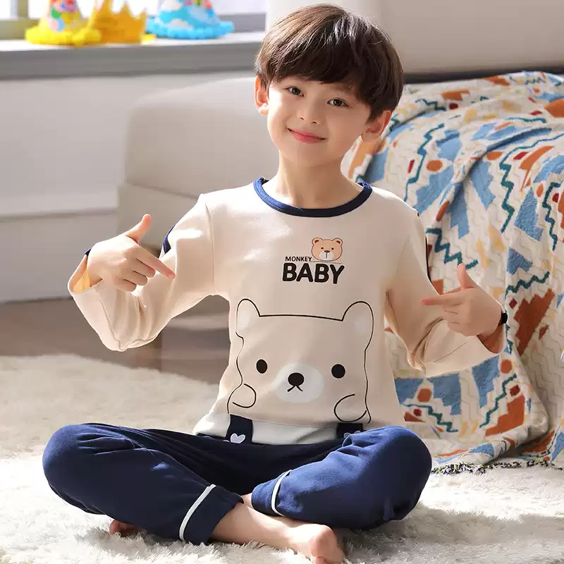 Bộ đồ ngủ bé trai dài tay cotton nguyên chất mùa xuân thu đồ ngủ trẻ em bé trai mùa thu cotton mỏng bộ quần áo mặc ở nhà cho trẻ em vừa và lớn
