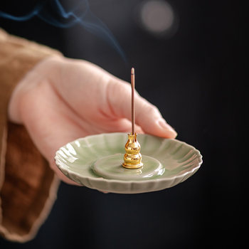 Celadon chrysanthemum petal gourd string incense stick zen ash receiving tray