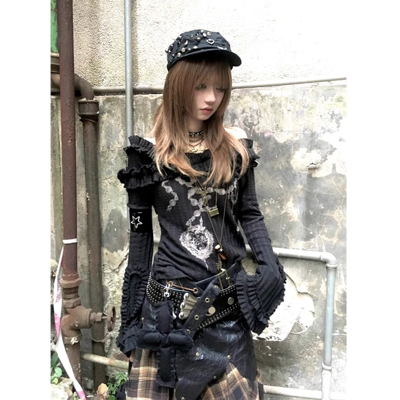 Y2K Subculture Punk Style Reversible Top for Women, American Millennium Hot Girl Off-Shoulder Bell-Sleeve Knit Top
