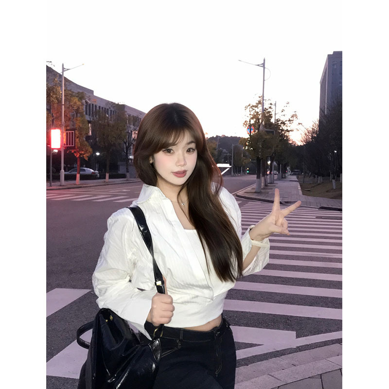 Elegant and Versatile White Shirt for Women, Spring and Summer, Waist-Cinching, Slimming, Unique Design, Faux Two-Piece Long-Sleeve Shirt