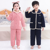 Winter three-layer cotton childrens home clothing set Boys and Girls baby plus velvet thickened pajamas hooded jacket