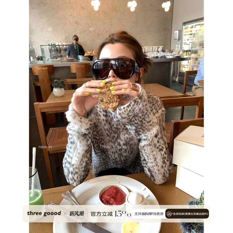 Three Goood Yin Sanji Wool One-Shoulder Retro Leopard Print Knit Sweater Casual Slimming Long-Sleeve T-Shirt