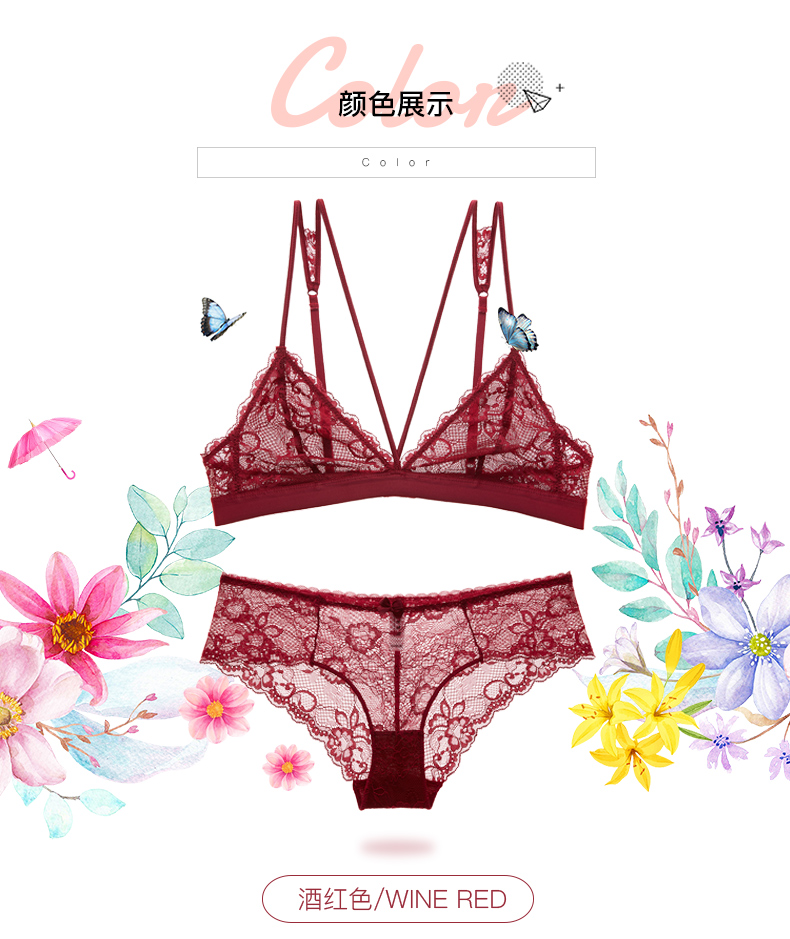 Cô gái xinh đẹp Nhà gợi cảm Ren siêu mỏng Đồ lót Bra Đặt với Tam giác không vòng thép Không bọt biển đỏ áo lót đúc