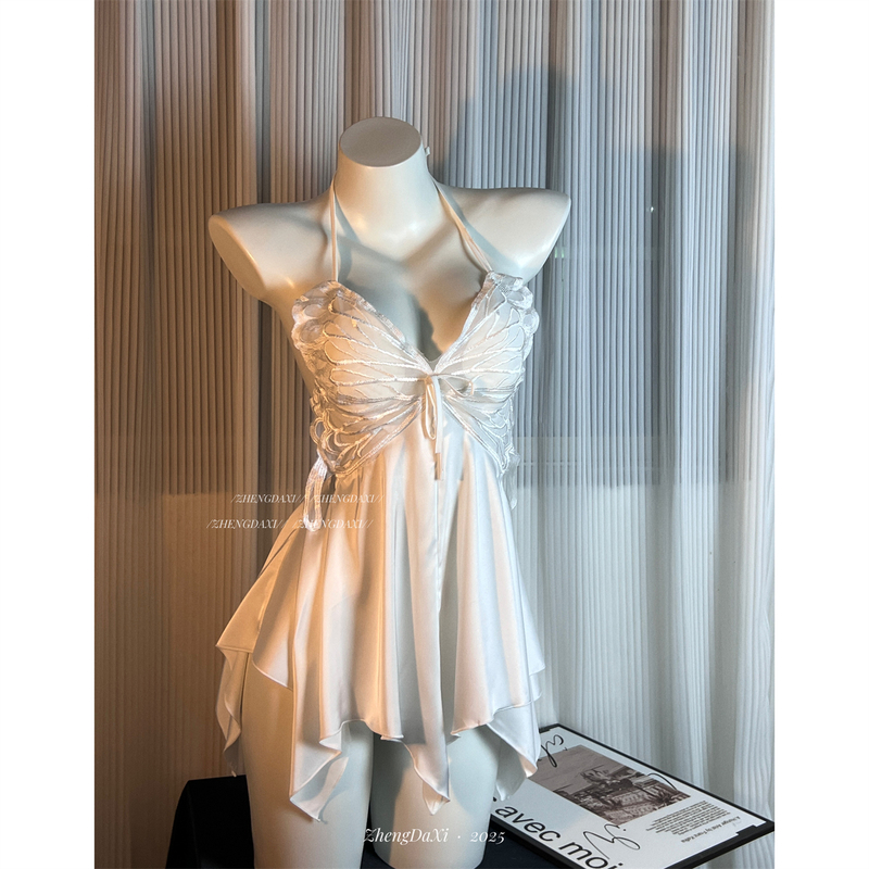 Zheng Daxi Pure Love Slim Waist·Sexy Women's Nightgown Ice Silk Strap Butterfly Nightdress High-End Lace with Chest Pad