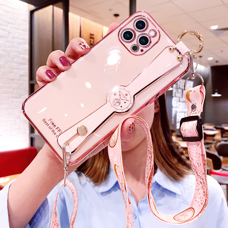 Suitable for Apple 12 Phone Case iPhone 12 Pro Protective Max Silicone Cover Mini Wrist Strap Crossbody Wearable Lanyard Full Coverage 12P Anti-Drop Soft Promax Female Ip Twelve Mini Por Internet Celebrity Pm