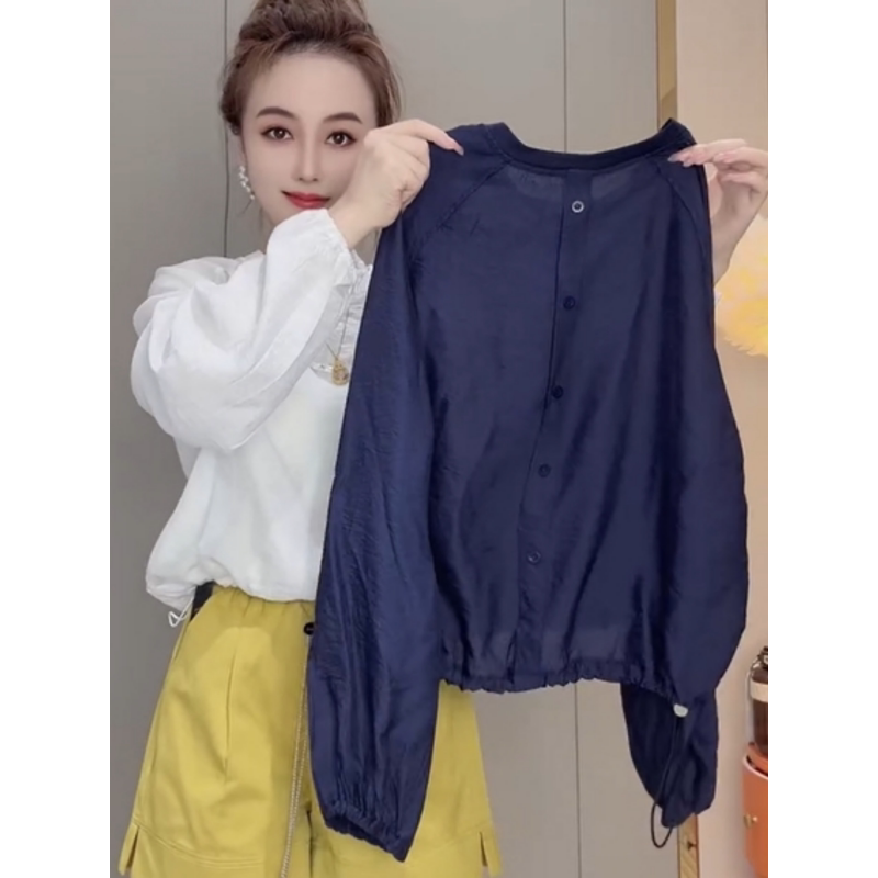 European Style Back Button Drawstring Hem Long-Sleeve Sun Protection Shirt for Women 2026 Summer New Fashion Loose Casual Cover-Up