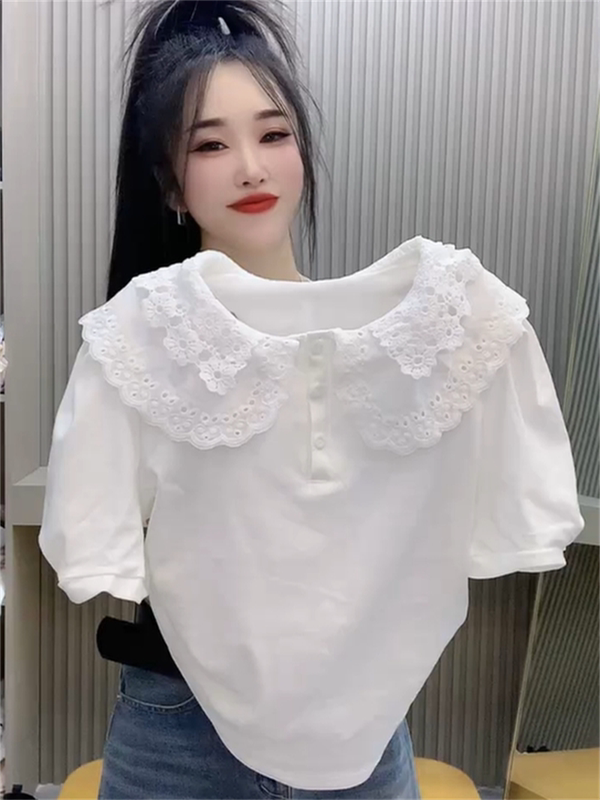 European-Style Lace Doll Collar Short-Sleeve Top for Women, New Summer Sweet and Age-Reducing Versatile Slimming T-Shirt