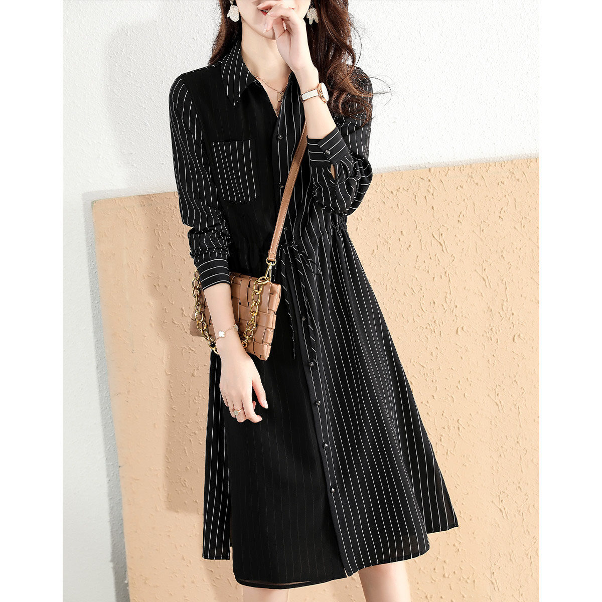 Foreign trade brand Italian brand cut female clothing temperament with a slim polo collar striped long sleeve dress woman