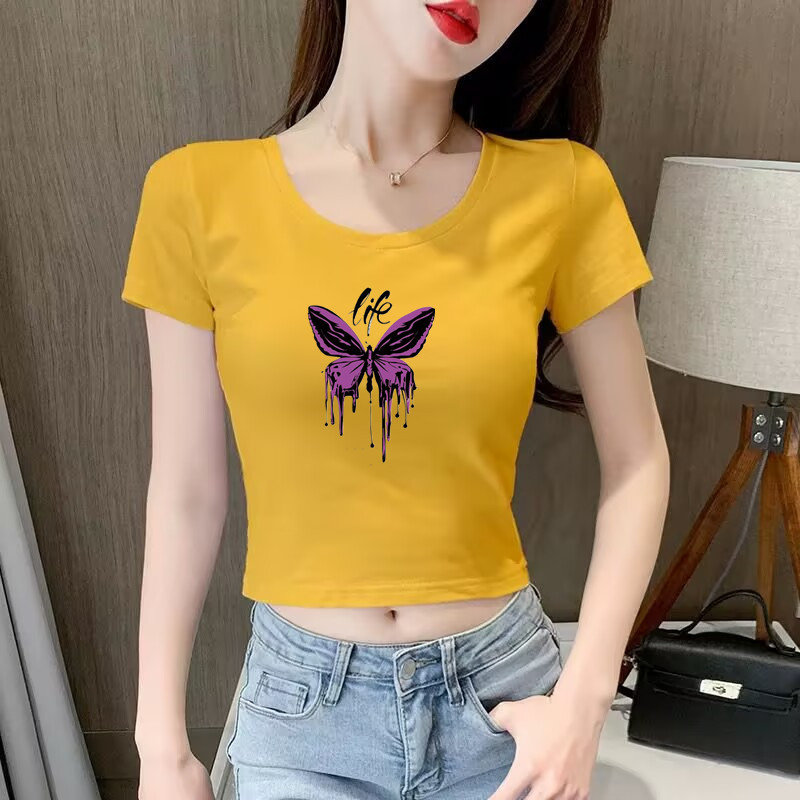 Round Neck Short-Sleeved Crop Top for Women, Summer Tight-Fitting Navel-Baring Undershirt, Short High-Waisted Solid Color Sports Top