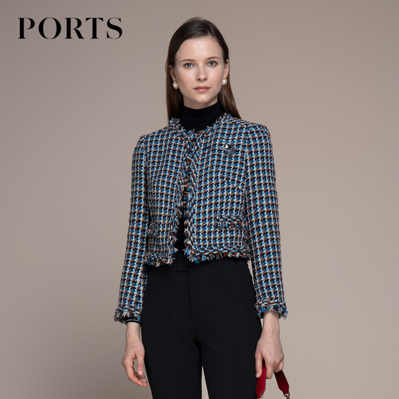 [Baozi Tweed] Baozi Women's Jacket Autumn and Winter Plaid Color-Blocking Stylish Tweed Short Coat Lm9J099Nf
