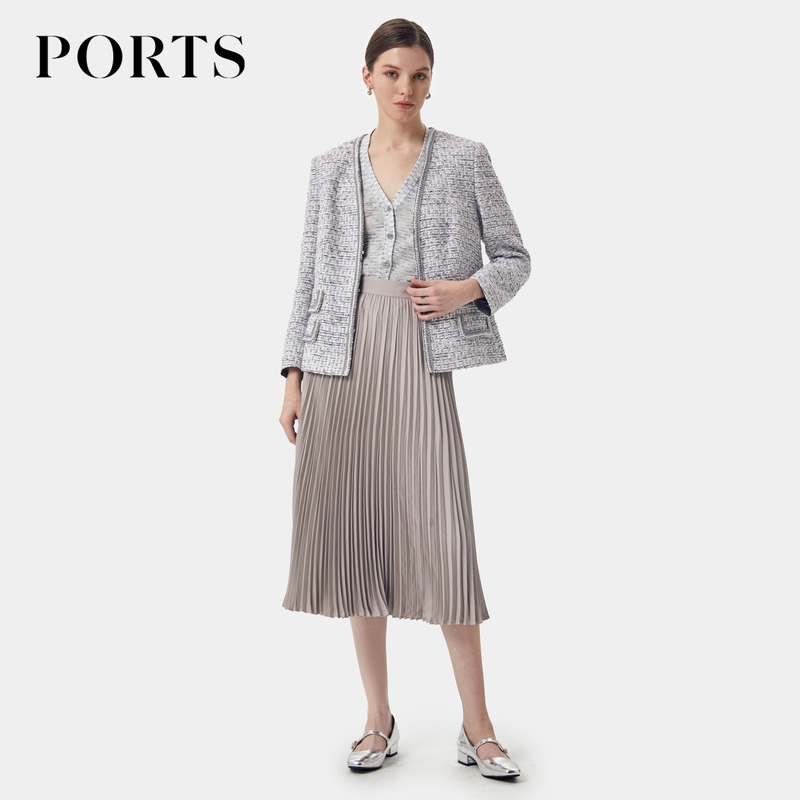 Ports Women's Skirt, Elegant and Gentle Style, High Mountain Gray Texture, Pleated Mid-Length Skirt