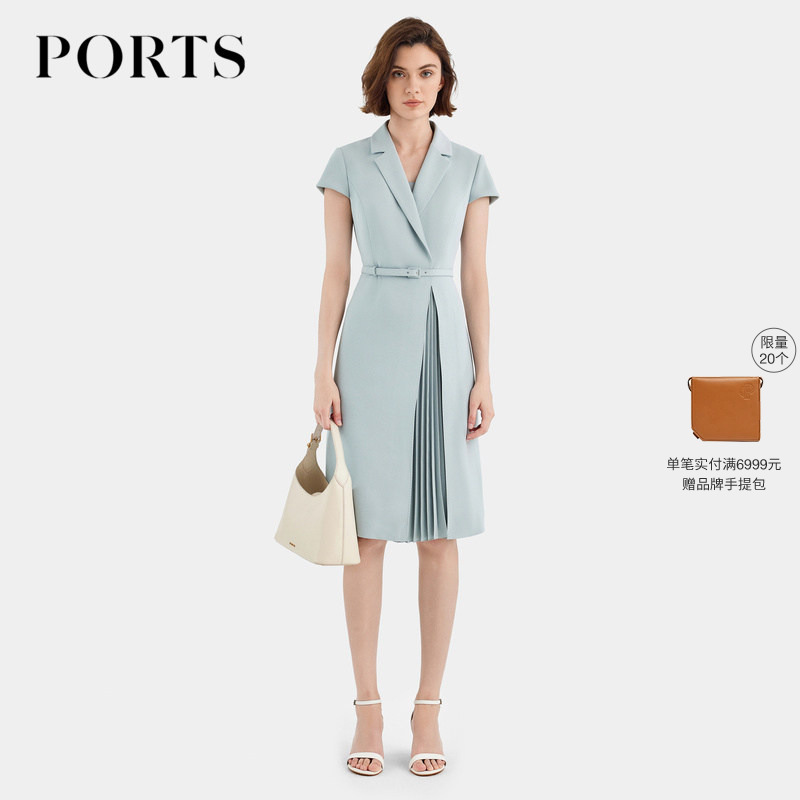 Ports Women's Dress Is Simple and Elegant with a Suit Collar and Pleated Short-Sleeved Dress