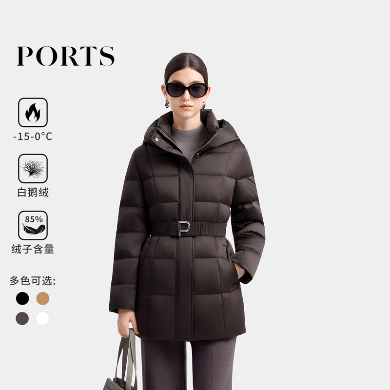 [12 Installments Interest-Free] Ports Women's Classic Winter Warm Hooded Mid-Length White Goose down Jacket