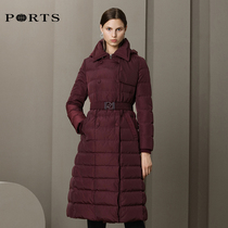 PORTS Bao Zi star same womens wild corset hooded down jacket long wine red thin