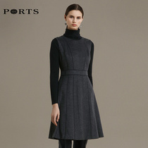 PORTS Baozi autumn and winter womens high-end wool dress stitching waist A- shaped umbrella skirt