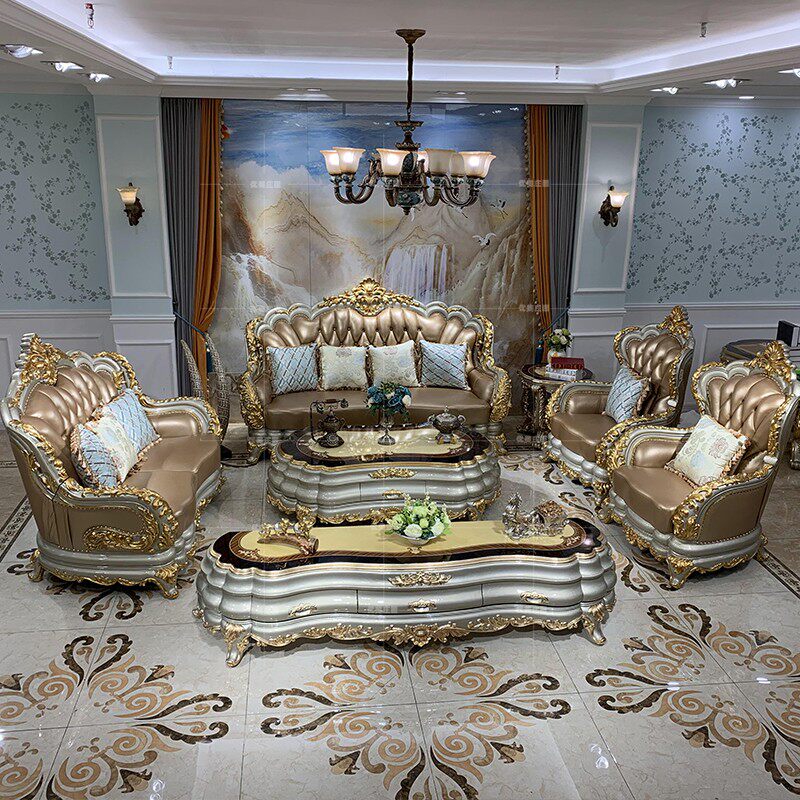 European-style leather sofa champagne living room combination solid wood carving small apartment luxury high-end luxury furniture