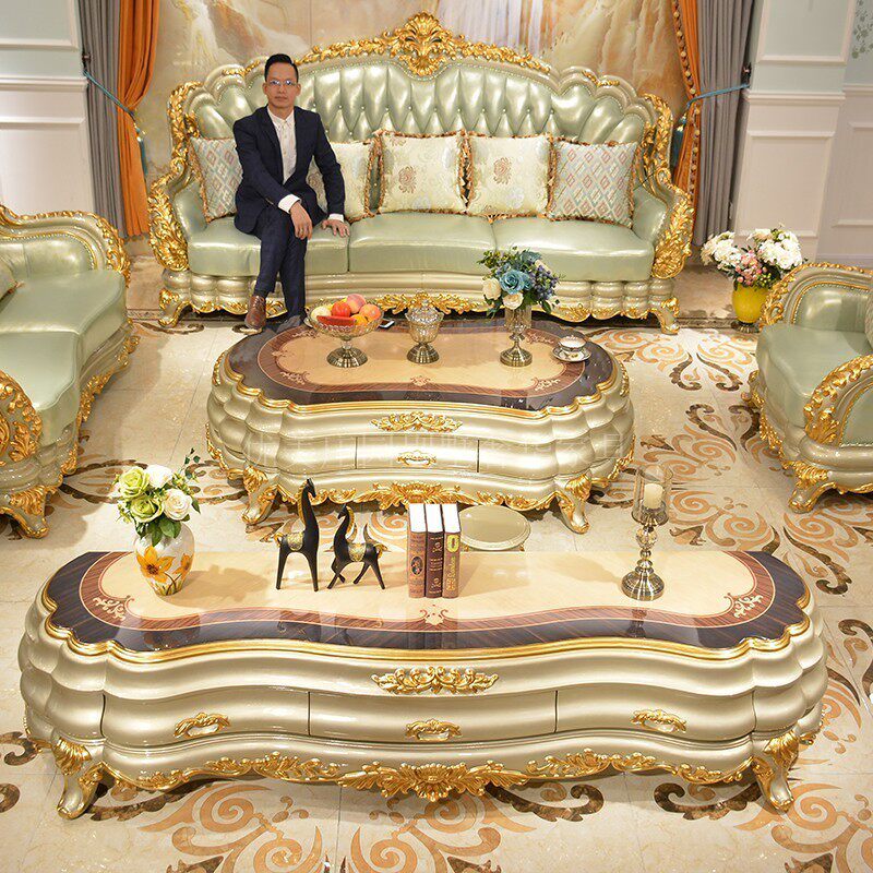 Eurostyle solid wood tea table 2 4 m TV cabinet 2 2 m Living room Composition Small family oak-style champagne furniture