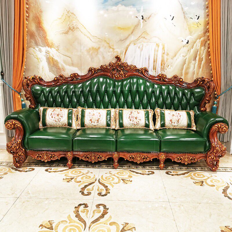 European-style leather sofa living room combination green solid wood carved first layer cowhide villa luxury high-end luxury furniture