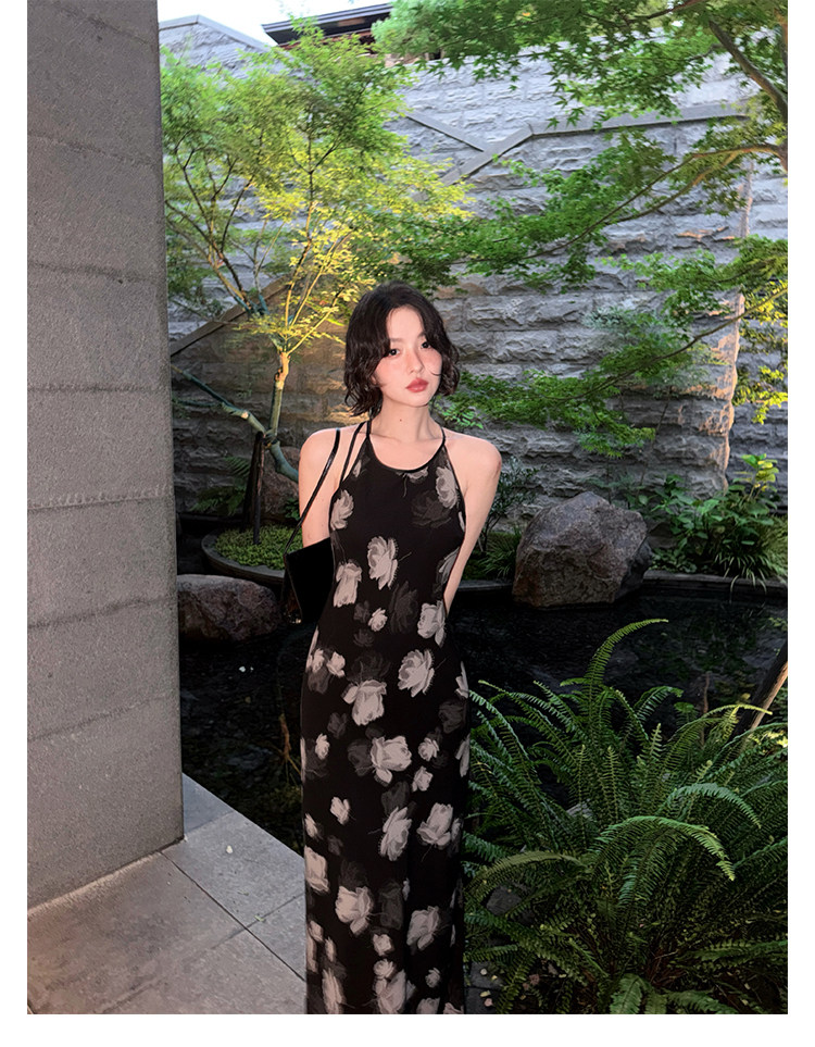 KELIFAN Floral Print Halter Maxi Dress