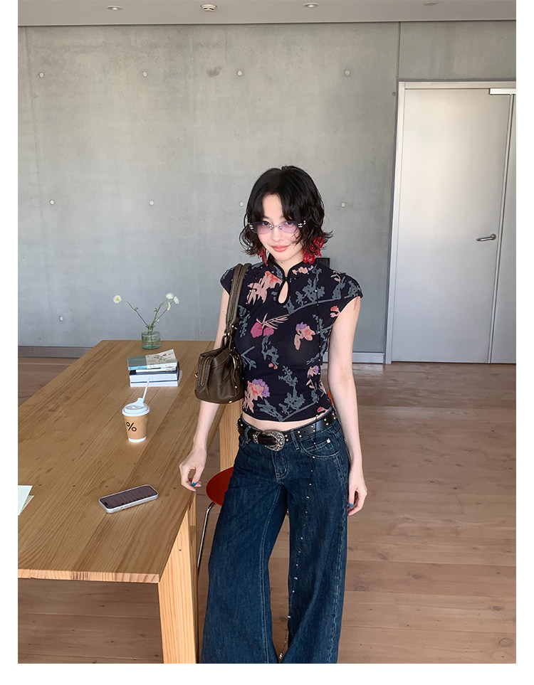 KELIFAN Floral Mesh Water-Drop Top