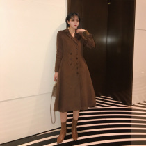 Wine afternoon Heben woolen coat women long 2020 new Korean version of suit collar waist nanny coat