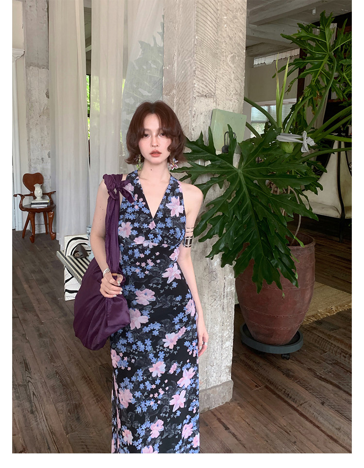 KELIFAN Blue Snowflake Halter Dress