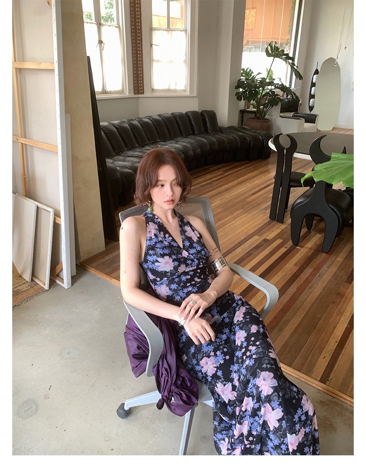 KELIFAN Blue Snowflake Halter Dress