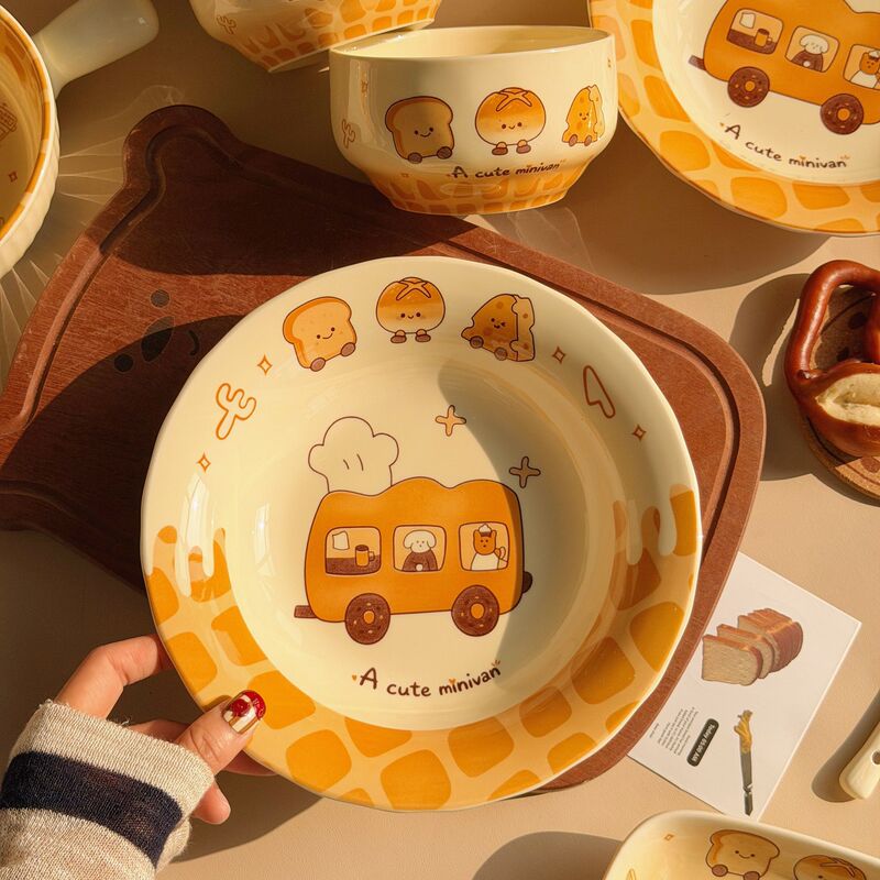 Ceramic Toast Plate, Beautiful Dish Plate, High Aesthetic Value, Household Cartoon Fruit Plate, Deep Plate, Round Plate, Children's Dinner Plate