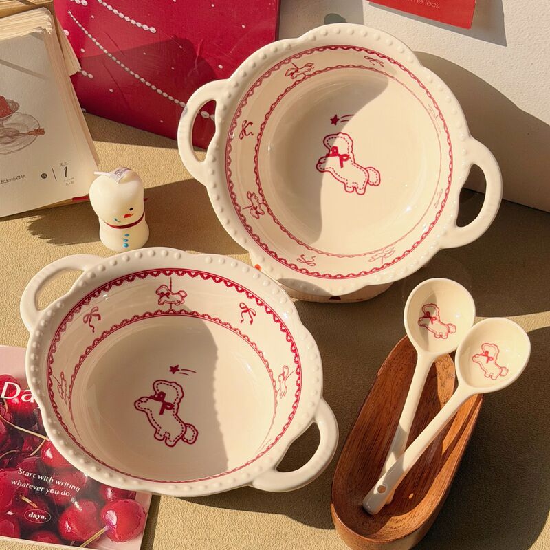 Carousel Large Double-Handle Soup Bowl, New Model for Home Use, High Aesthetic Value, Large Bowl for Soup, Noodle Bowl, Instant Noodle Bowl, Snail Noodle Bowl