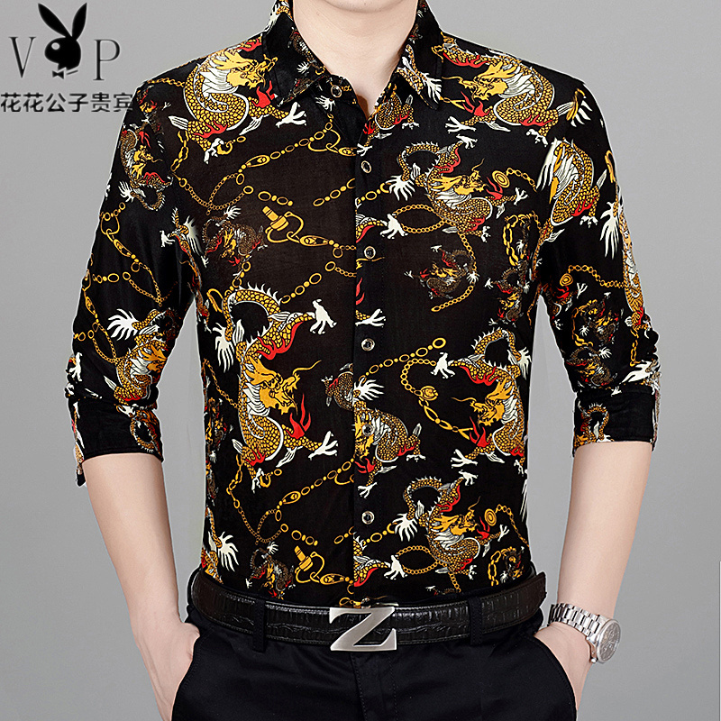 Playboy Autumn and Winter Long-Sleeved Floral Shirt for Middle-Aged Men, Chinese Style Dragon Pattern Silk Shirt with Velvet Print
