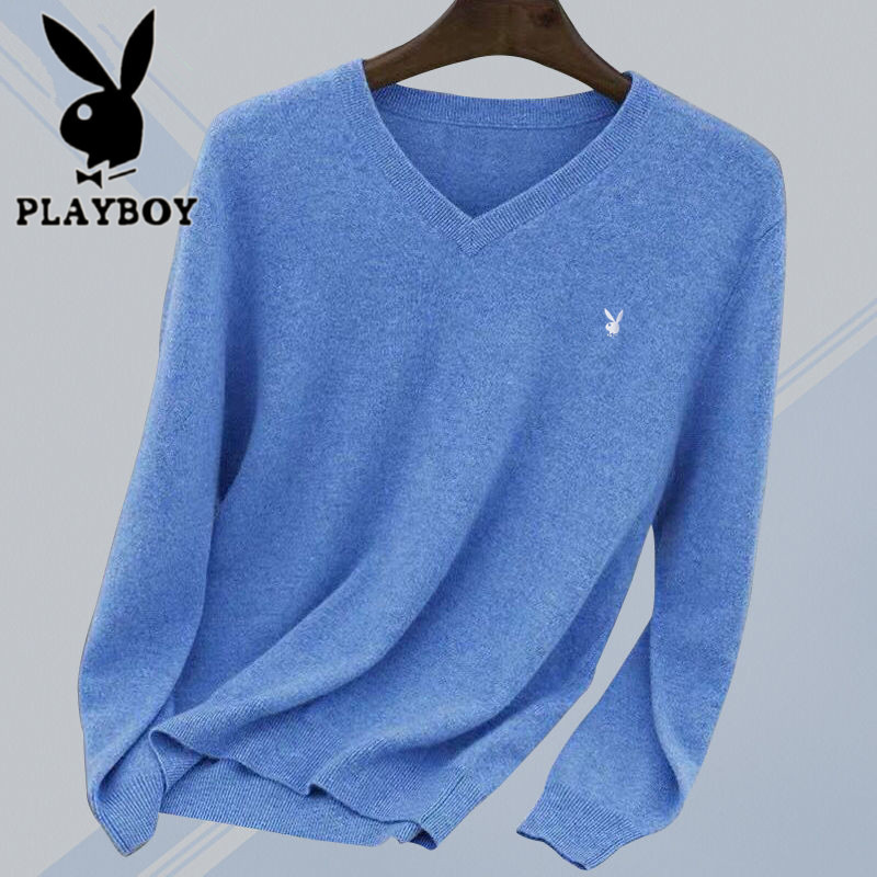 Playboy Spring V-Neck Long-Sleeve T-Shirt for Middle-Aged Men, Sweetheart Neckline, Thin Knit Sweater for Young Men, Base Layer Shirt