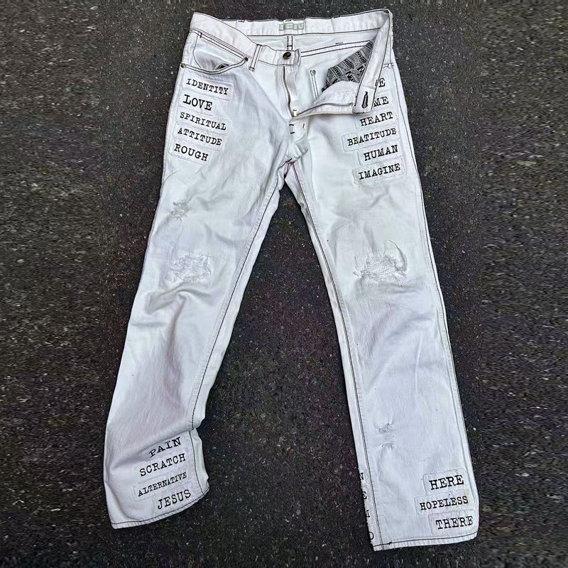 Independent Numbernine Style 02Ss Age Period Poetry Slogan White Distressed Patch Jeans