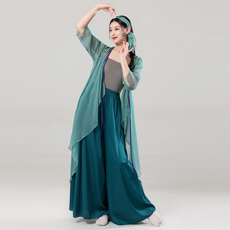 Classical Dance Green Snake Dance Costume Set, Flowing Gauze, Elegant Green Ancient Style Performance Training Past and Present Life Dance Costume