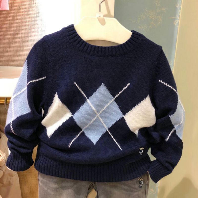 Special Offer: Bargain on Trendy Children's Korean-Style Bear Winter Sweater for Boys, Argyle Wool Pullover, Stretchy British Style