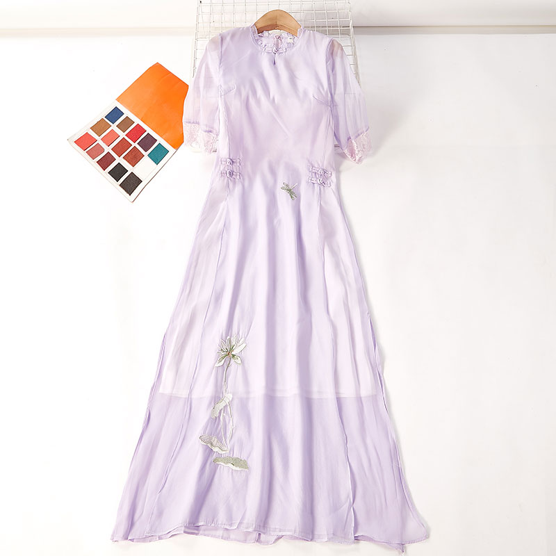 Câu chuyện chị em 2018 đầu thu mới thêu hoa retro cổ đứng chia đôi cải tiến đầm đầm 3698 váy lụa