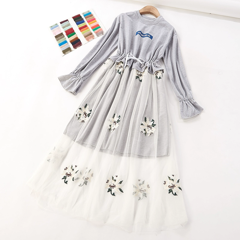 Chị anh câu chuyện 2018 mùa thu mới lưới thêu chiến đấu để nhận được eo dài dress 5283