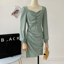 Dress female 2021 New slim slim square collar pleated long sleeve hip skirt