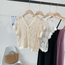 2021 new V-neck knitted cardigan coat womens short sunscreen shirt hollow foreign style top