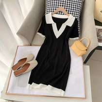 V-collar ice silk knitted dress female summer little man slim thin Hepburn wind small black dress