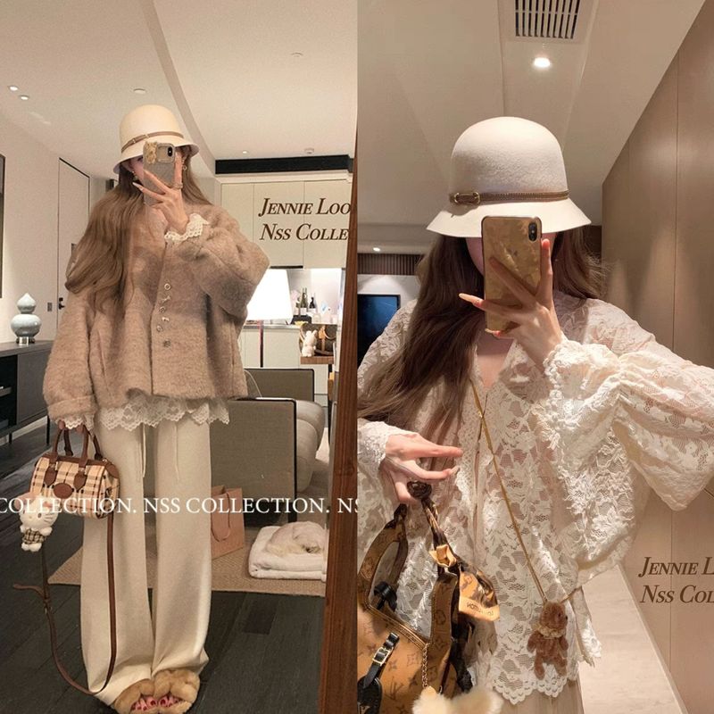 2025 Spring and Autumn New Style Elegant French Lace Hollow Out Shirt for Women, Loose Fit, Slimming Layered Base Shirt Top