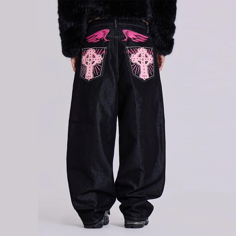 European and American 2025 Trendy Retro Style Wing Cross Straight Wide-Leg Jeans for Men and Women