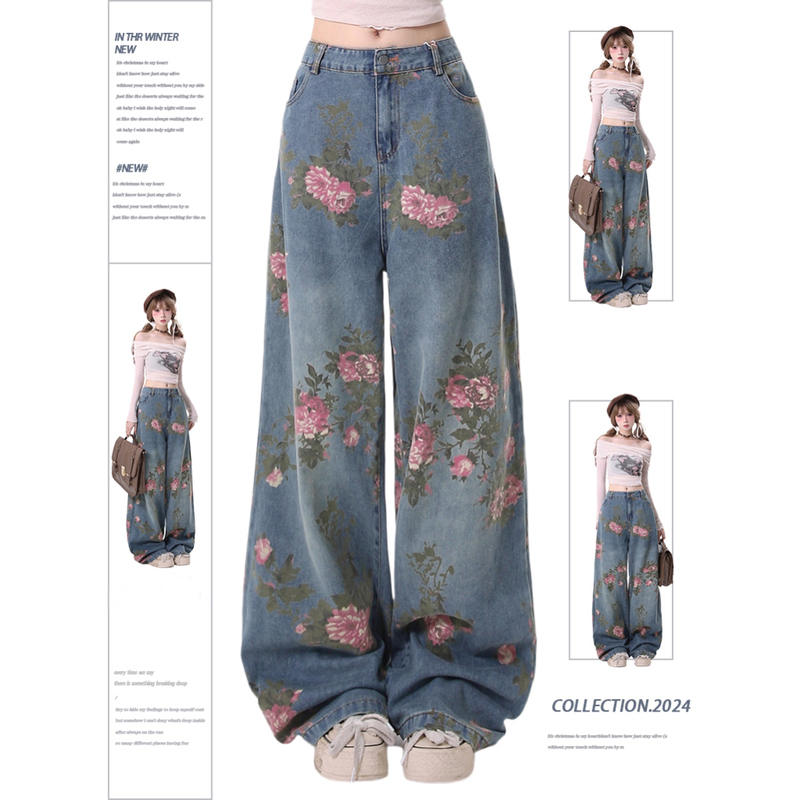 American Retro All-Over Rose Print Jeans for Women, New Spring Style, Hot Girl Street Fashion, Loose Straight Wide-Leg Pants