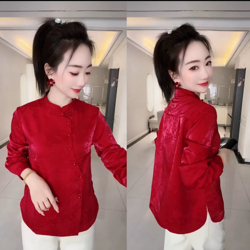 New Chinese-Style National Style Red Shirt for Women, 2026 Zodiac Year Red Top, Loose Fit, Slimming Base Shirt