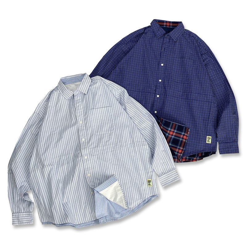 Beams Ssz Striped Plaid Patchwork Casual Fake Two-Piece Shirt Men's Japanese Retro American Style Shirt Cityboy