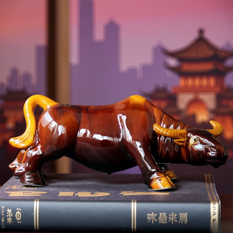 Tang Dynasty Three-Color Ceramic Lying Cow Ornament, Feng Shui Cow Ornament, Home Decor for Display Shelves, Tea Table, Living Room, Gift for the Year of the Ox