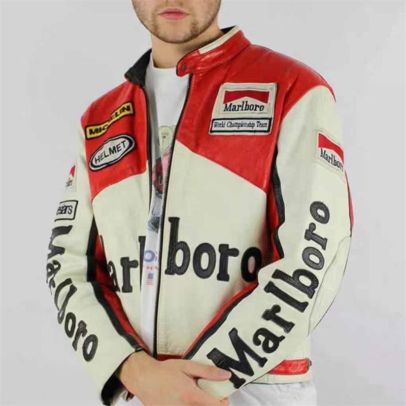 Marlboro Motorcycle Jacket Pu Leather Heavy Embroidery Quilted Jacket Retro Punk Patchwork Racing Jacket Unisex Jacket