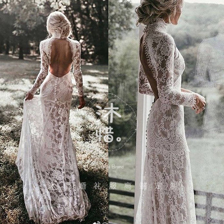 2021 summer new wedding dress Europe and the United States retro high collar long sleeves sexy open back slimming fishtail light luxury travel photography